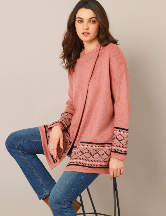 Gilet cape base jacquard, col montant (rose grisé) Gilet cape base jacquard, col montant (rose grisé)